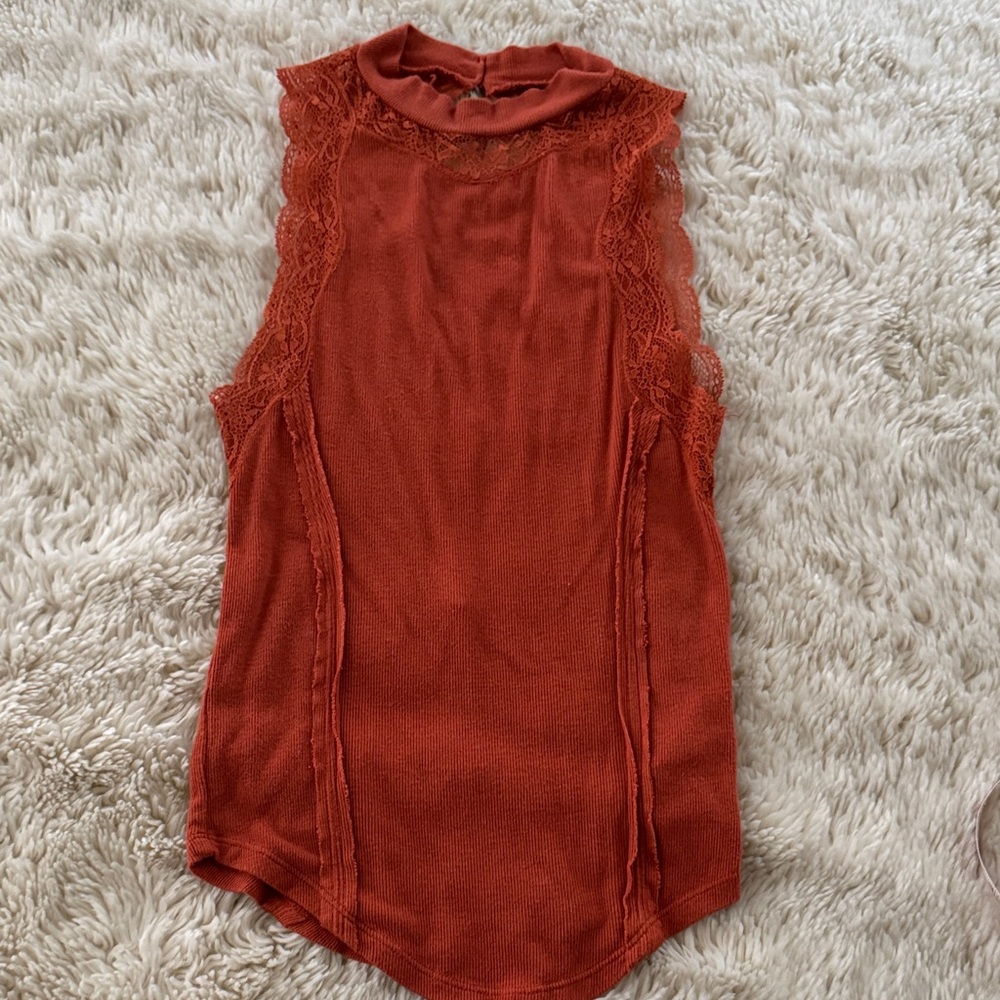 Free People Sleeveless Lace Trim Tank Top in Terracotta